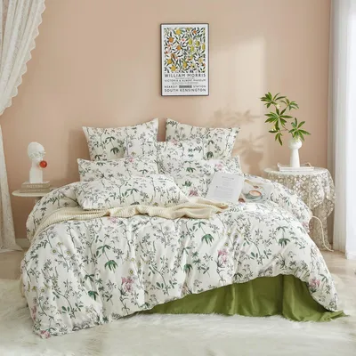 Produktbild von Bettwäsche Set 220x240 cm 80x80 cm Baumwolle Weiß Grün Blumenmuster Renforce mit Reißverschluss