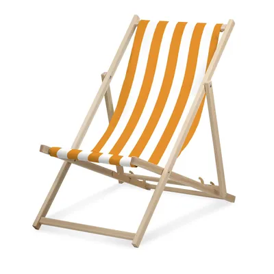 Image de Chaise longue - Largement rayée - Ocre - pliable - en bois de hêtre - supporte jusqu'à 95kg - dossier réglable en 3 positions - Chaise longue de plage