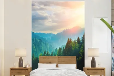 Produktbild von MuchoWow® Fototapete für Wohnzimmer oder Schlafzimmer Wandtapete Vinyl Motivtapete Wald mit Nebel - 225x350 cm - Schlafzimmer tapete