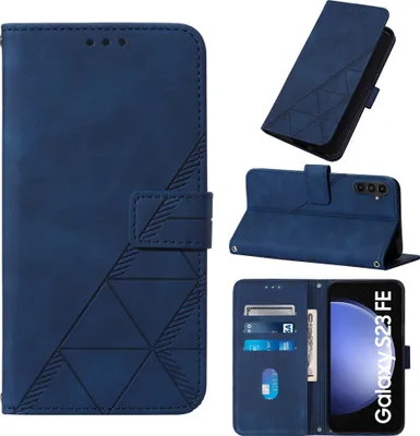 A collage of images showing a blue flip leather phone case for a Samsung Galaxy S23 FE.