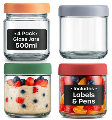 Zdjęcie produktu dla Zestaw 4 szklanych pojemników Masonpot, pojemność 500 ml - szczelne pokrywki, czarne etykiety - pojemniki wielofunkcyjne - idealne do sałatek i jogurtów - pojemniki do przechowywania