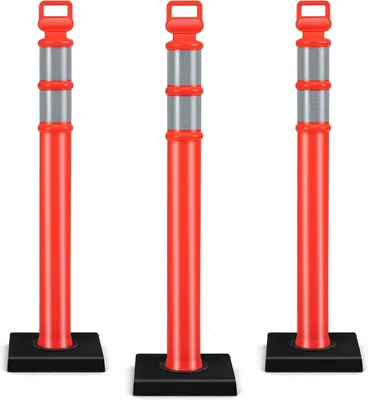 Produktbild von COSTWAY 3 szt. elastycznych słupków odbijających, plastikowe słupki 114,5 cm z odblaskiem i uchwytem, słupki odgradzające bez łańcucha, słupki ostrzegawcze, czerwone