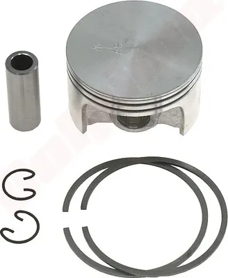 A set of engine parts, including a piston, wrist pin, and piston rings, laid out on a white background.