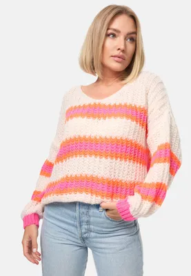 Produktbild von Rayshyne Damen Gestreifter Strickpullover Pulli Kuschel Langarm Pullover Einheitsgröße Beige PM01