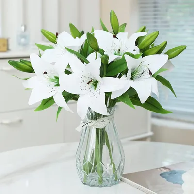 Produktbild von Künstliche Blumen, 6-Pack weiße Lilien Realistische Blumenarrangements Hochzeitsdekoration, Plastikblumen für Home Office Party Nachbildung