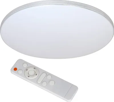 A white LED ceiling light and a white remote control are shown against a white background.