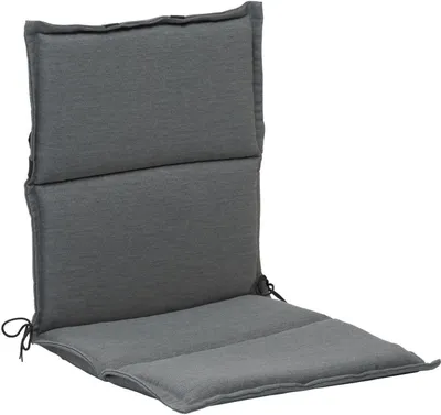 A gray chair cushion with ties for securing it.