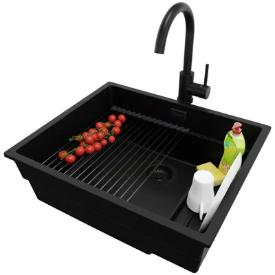 Produktbild von PRIMAGRAN Unterbauspüle Granit Alles Schwarz 56x47cm, Spülbecken 1 Becken + Ablauf-Set + Küchenzubehörset, Granitspüle ab 60er Unterschrank - Praga