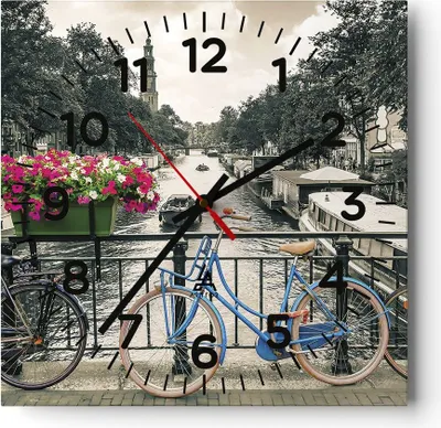 Produktbild von Wanduhr - Quadrat - Glasuhr - Amsterdam Fahrräder Brücke - 40x40cm - Schleichendes Uhrwerk - Lautlos - zum Aufhängen bereit - Dekoration Modern - Wanddekoration aus Glas - C4AC40x40-4503