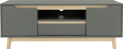A front view of a gray and wood TV stand with two doors and a drawer.