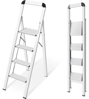 Produktbild von Trittleiter Aluminium 4 Stufen klappbar mit Handlauf, rutschfest, bis 150 kg, Silber