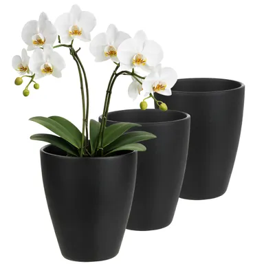 Produktbild von 3 x Orchideentopf aus Keramik Ø 13,5 cm x 17 cm hoch – mit Erhöhung für optimale Belüftung – Übertopf für Orchideen Anthrazit – langlebig & stilvoll