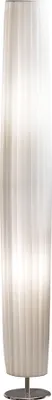 A tall, slender floor lamp with a pleated, white lampshade and a silver base and stem.
