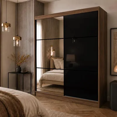 Produktbild von BEAUTYSOFA | Kleiderschrank 200 cm VIVA II Walnuss Warmia, Schrank mit Schubladen, Spiegel, Schiebetüren Lacobel-Glas, Garderobenstange & Einlegeböden