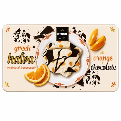 Attika Halva Orange Schokolade 250 g Packung auf rein weißem Grund