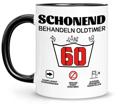 Zdjęcie produktu dla Filiżanka do kawy, 60 urodziny, zabawny napis: "Delikatnie z klasyką, 60 lat!". Ceramika, 400 ml, nadruk z obu stron, nadaje się do mycia w zmywarce