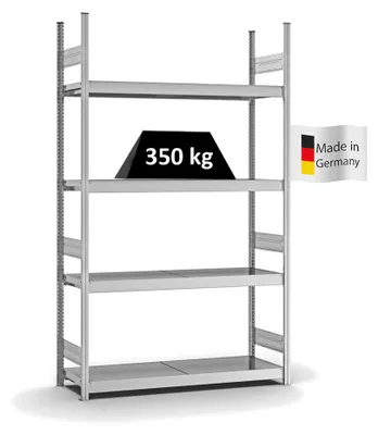 Produktbild von PROREGAL Weitspannregal Stecksystem MAGNUS Germany | HxBxT 250x150x40cm | 4 Ebenen | Stahlplatten-Fachboden | Fachlast 350kg | Verzinkt