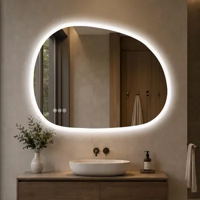 Image de S'AFIELINA Miroir Salle de Bain LED 70 × 90 cm, Asymétrique, Sans Cadre, 3 couleurs d’éclairage, luminosité réglable, anti-buée et mémoire.
