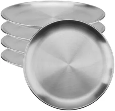 Produktbild von 5 Edelstahl-Dinner-Teller, runde Servierteller, rostfreie Metallplatten für Camping, BBQ, Picknick