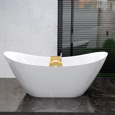 Produktbild von Freistehende Badewanne 180x80 Weiß Modern Exclusive Acryl Ablaufgarnitur VIEGA Click-Clack Gratis + Bambus Badewannenablage | BADLAND IVAR