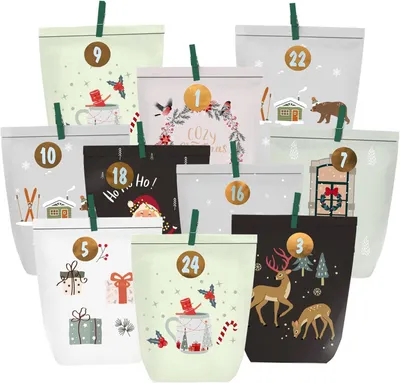 Image de Calendrier de l'Avent à remplir - 24 petits sacs en papier de Noël à décorer soi-même - Petits sacs en papier pour le calendrier de l'Avent, avec des autocollants numérotés pour les personnaliser