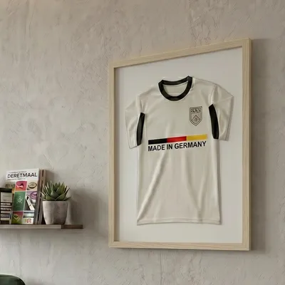 Produktbild von K-Möbel Premium Echtholz Trikotrahmen Natur 50x70 cm für Kindertrikots & Fan Shirts - Germany - Trikot Rahmen mit weißem Hintergrund und extra breitem Rahmen - Bilderrahmen Trikot Vitrine