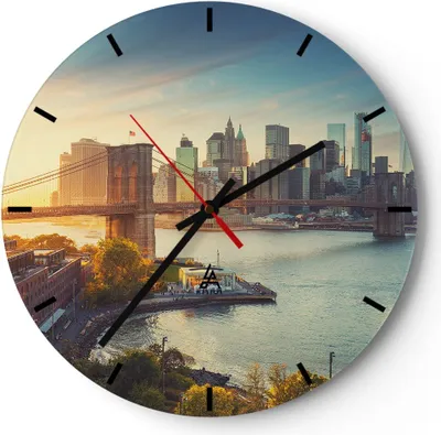 Produktbild von Wanduhr - Rund - Glasuhr - New York Brücke - 40x40cm - Schleichendes Uhrwerk - Lautlos - zum Aufhängen bereit - Dekoration Modern - Wanddekoration aus Glas - C3AR40x40-4047