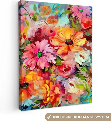 Produktbild von MuchoWow® - Leinwandbilder - Blumen - Farbenfroh - Kunst - Ölgemälde, Wandbild, Wanddeko Bilder Wohnzimmer, 60x80 cm