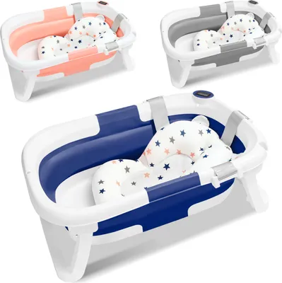 Immagine prodotto di Jayseuw Bagnetto pieghevole con termometro e cuscino da bagno - Bagnetto pieghevole - Bagnetto per bambini - Grigio