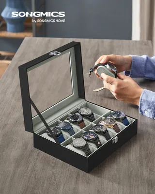 Produktbild von SONGMICS Uhrenbox Uhrenkasten, mit 10 Fächern, mit Glasdeckel, Samtfutter