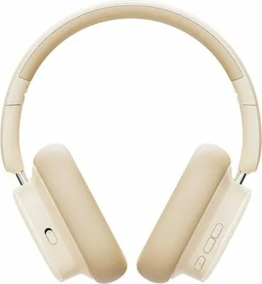A pair of beige wireless headphones is shown against a white background.