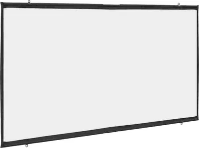 A white projection screen with a black border, hanging from eyelets.