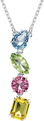 A close-up studio shot of a multi-gemstone pendant necklace.