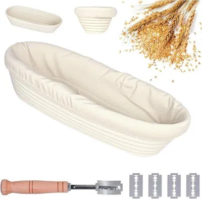 Immagine prodotto di Set per panificatori casalinghi con spatola per impasto e coltello da forno con affilatore - Forma ovale da 35 cm - per panificatori casalinghi, preparazione del pane, conservazione