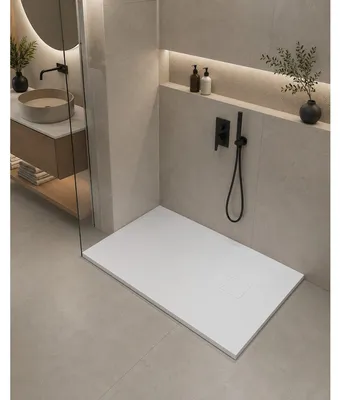 Produktbild von Art of Baan Duschwanne 140x80 Flach 2,5cm Weiß SMC Schieferoptik + Ablauf Set