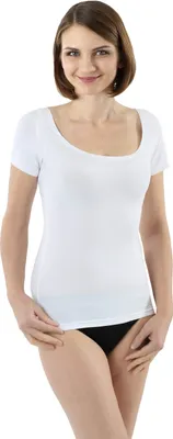 Produktbild von ALBERT KREUZ Damen Kurzarm Unterhemd mit extra weitem und tiefen Ausschnitt für breite Schultern - Stretch-Baumwolle weiß, 34-36 / XS