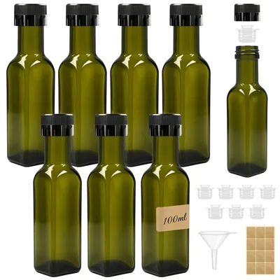 8 Oliefleschen 100 ml, Glas, Grün, Set mit Trichter
