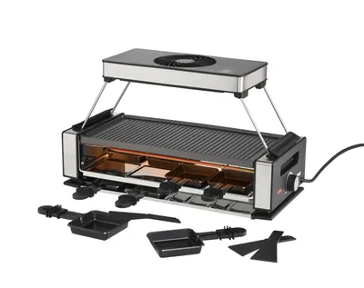 Das Unold Raclette Smokeless inklusive Raclette Buch verfügt über eine Metallplatte zum Grillen von