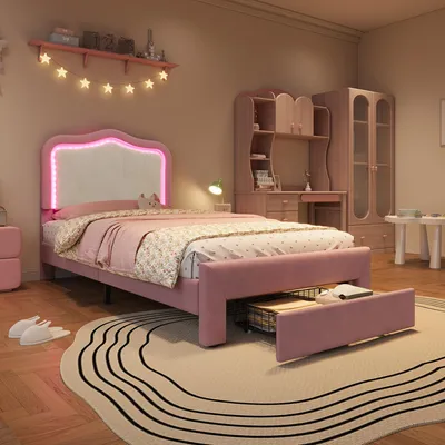 Produktbild von Kinder-Polsterbett 90x200cm in Rosa mit Schublade am Fußende und App-gesteuerter LED-Beleuchtung, gepolstertes Bett für Kinder- und Jugendzimmer
