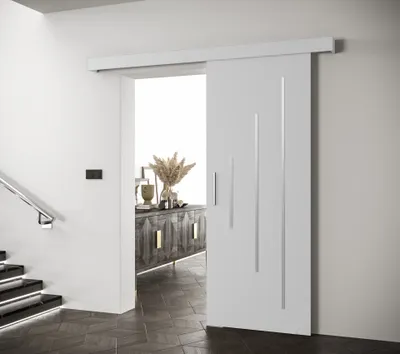 Produktbild von MEBLE KRYSPOL Schiebetür Salwador Y, Weiß Silber, 90x204 cm, mit 16mm laminierter Möbelplatte und 0,5mm PVC-Furnier, geräuscharmes STANLUX-Schiebesystem, universell einseitig, glänzende Zierstreifen