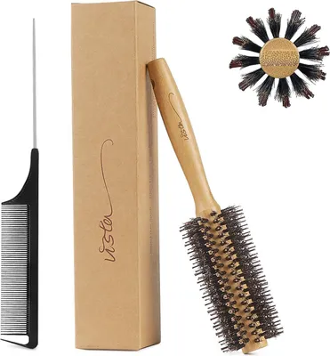 Image de Brosse ronde en soie de sanglier Brosse à cheveux en bambou avec peigne à queue