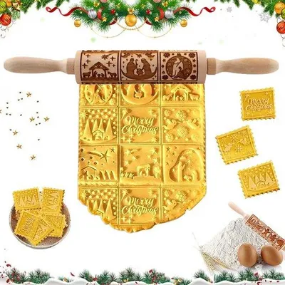 Productafbeelding van Kerstdeegroller - Gegraveerd 35 x 4.5 cm van hout
