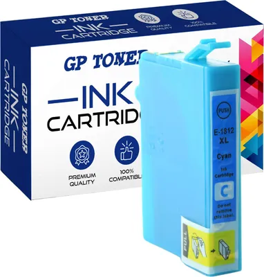 A product shot of a cyan ink cartridge and its packaging.