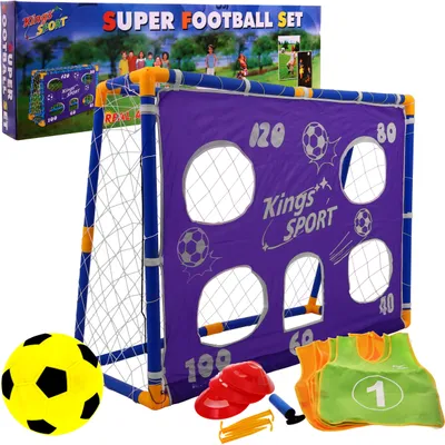 A children's football set including a goal with a target mat, a ball, bibs, cones, and a pump, displayed against a white background.