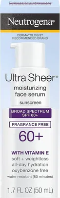 Produktbild von Gesichtsserum, Neutrogena, Ultra Sheer Moisturizing, mit Sonnenschutz, SPF 60+, gegen UVA und UVB, mit Vitamin E, wasserfest, parfümfrei, 50ml