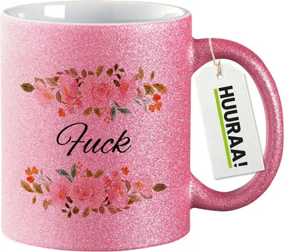 Produktbild von Huuraa Glitzertasse Fuck englisch Blumen 330ml Pink Keramik Kaffeebecher Geschenkidee