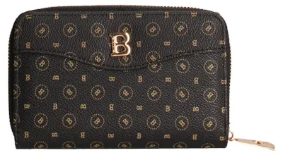 Productafbeelding van Damesportemonnee, zwart, met monogrampatroon en rits. Compact formaat: 15,5 x 10 cm