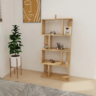 A wooden bookshelf with various items displayed on it, next to a potted plant and a framed picture on the wall.