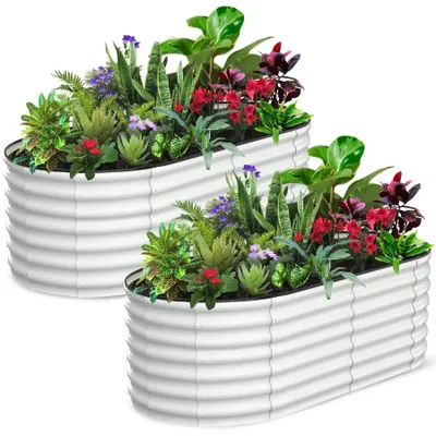 Image de Jardinière surélevée - Ovale, lot de 2, 183 x 91 x 46 cm - Acier galvanisé - Fond ouvert - Bord de sécurité - Beige