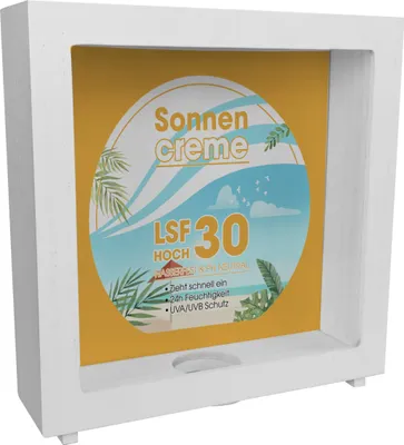 Produktbild von Rahmen Spardose aus Holz mit Sonnencreme Motiv - Für Urlauber die auf den